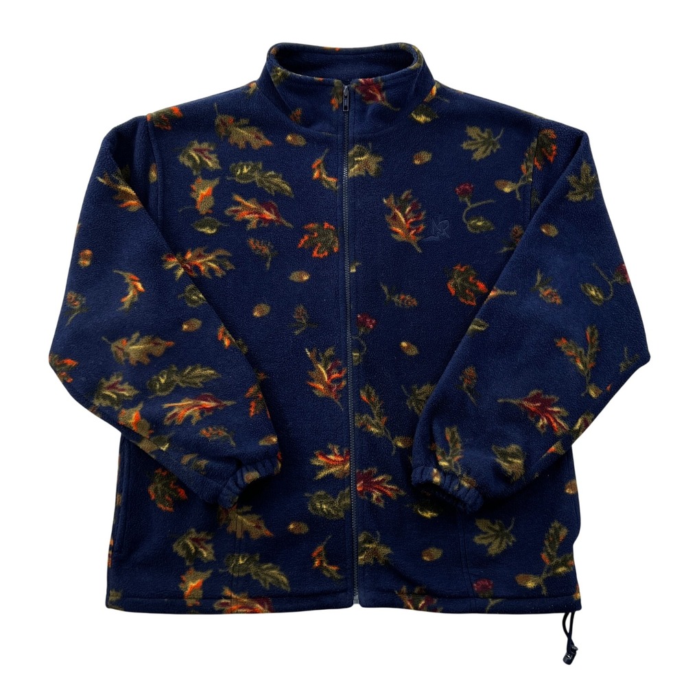 VTG 90s Northern Reflections Fleece Jacket Women M Blue Fall Leaf AOP Full Zip